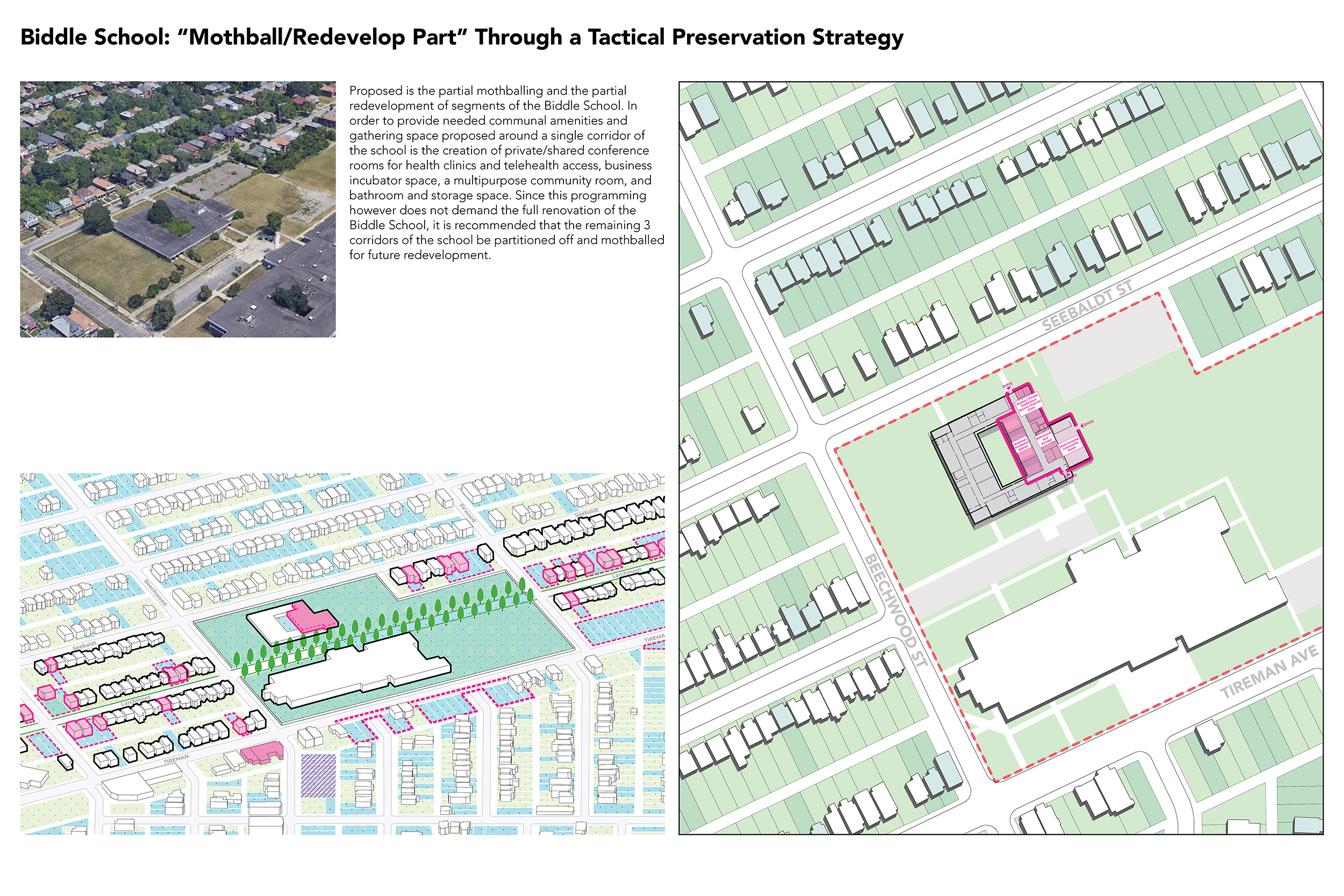 A diagram mapping the tactical preservation strategy of Biddle School in Detroit, MI.