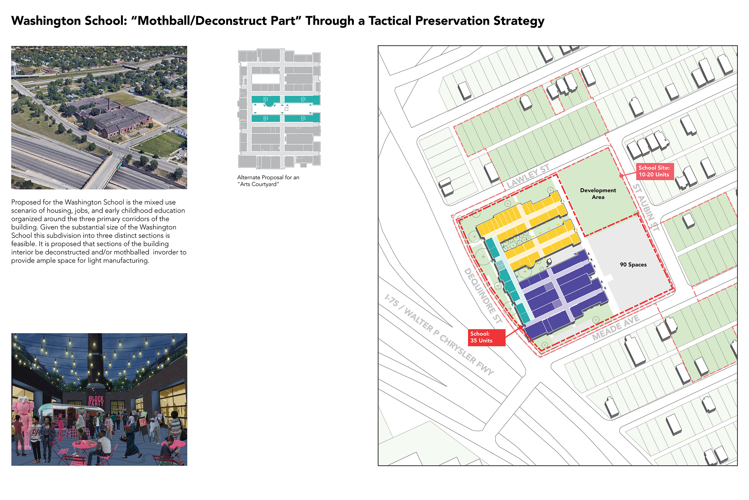 A diagram mapping the tactical preservation strategy of Washington School in Detroit, MI.
