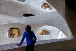 The inside of the Gilder Center at the Museum of Natural History. The back of a person is in view.
