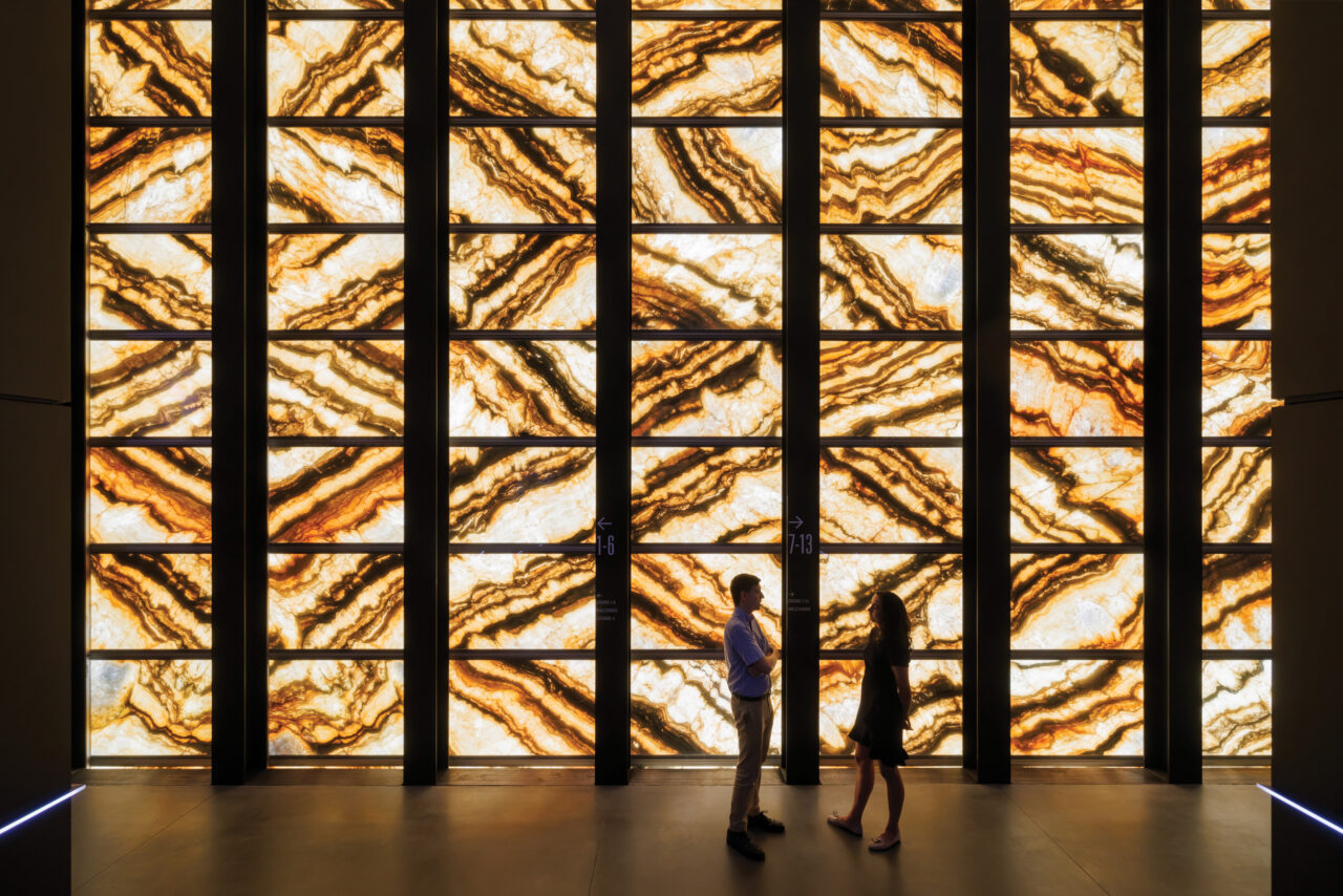 The glowing marble façade of the Perelman Performing Arts Center