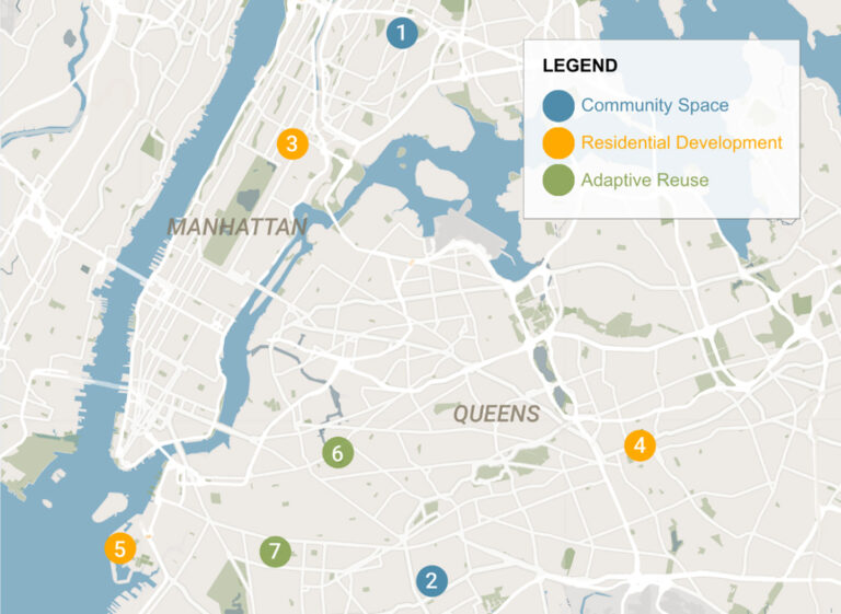 A map of New York City depicting the NYCEDC's teams selected for its Mass Timber Studio.