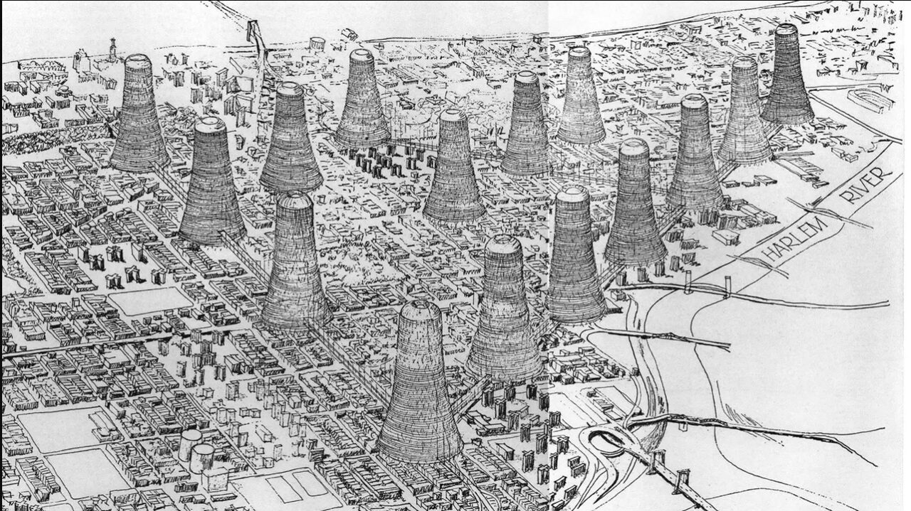 Images from the book including R. Buckminster Fuller’s drawings of his and Jordan’s housing scheme for Harlem.