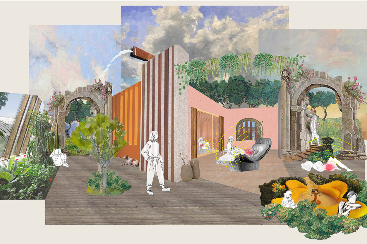 "Care Receiver Experiential Collage" by Valeska Abarca, Nathaly Castillo, and Mauricio Guidos, students of The City College of New York's Spitzer School of Architecture, from the studio National Care: Abortion Access, Reproductive Justice on Federal Land, taught by Lindsay Harkema, 2022.