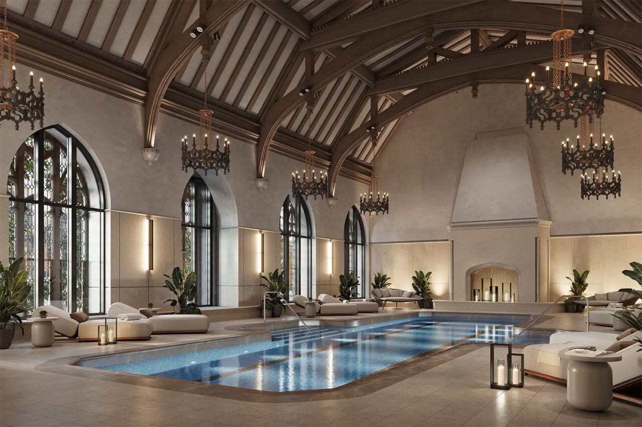 Claremont Hall rendering of pool and interior.