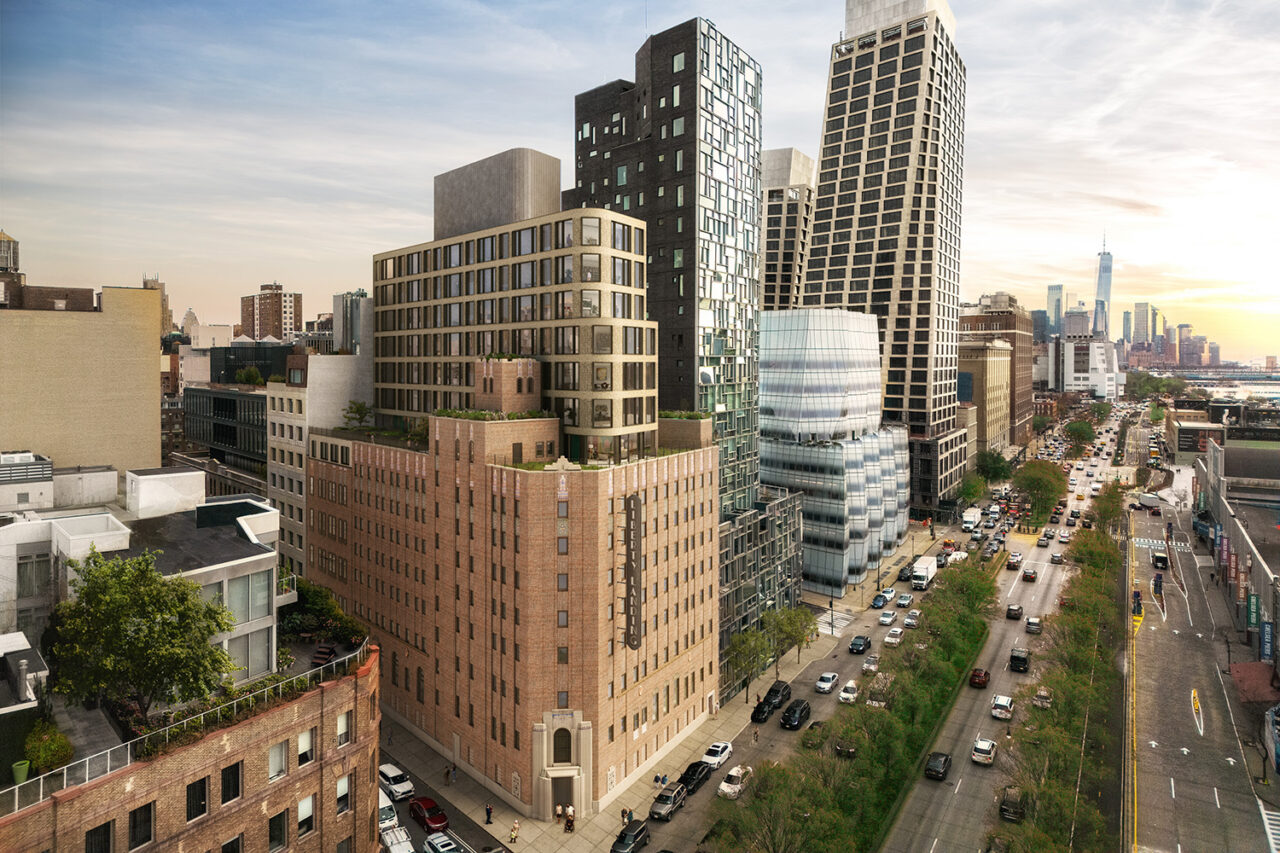 Drone view of Liberty Landing and street
