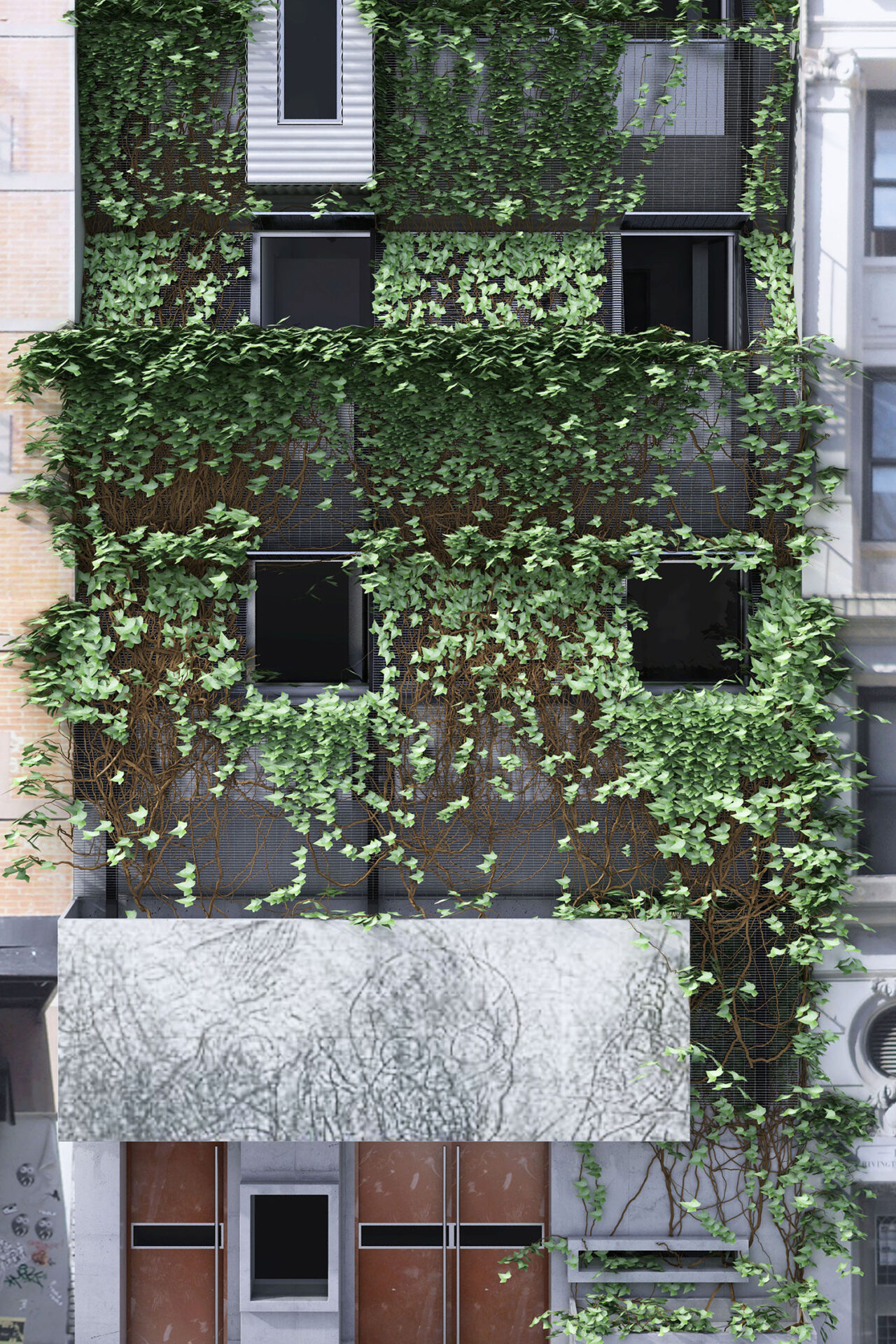 Exterior shot of the building covered in plants