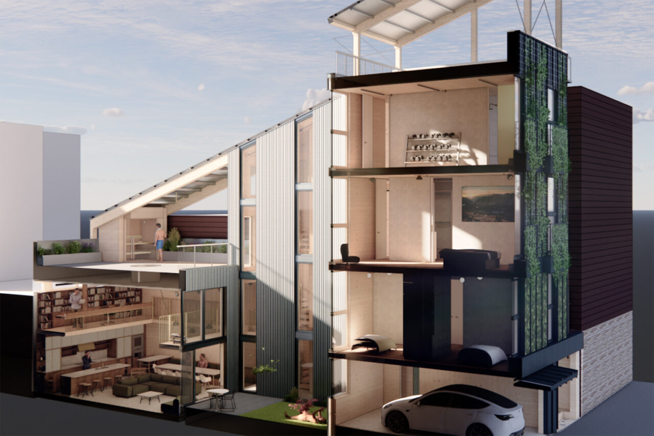 Rendering of a four-story mass timber home, featuring a car in the garage, with bedrooms above.