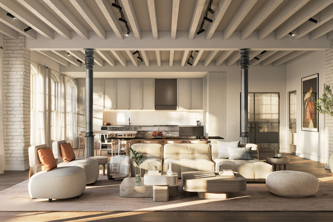 Living room shot with wood beam-visible ceilings and a couch at the center.