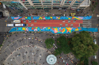 Aerial view of colorful chalk art in street