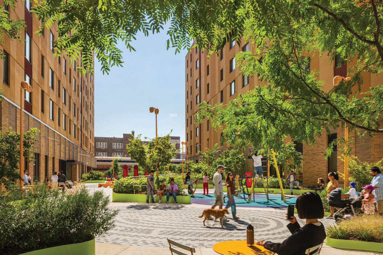 A view of a bright central courtyard.