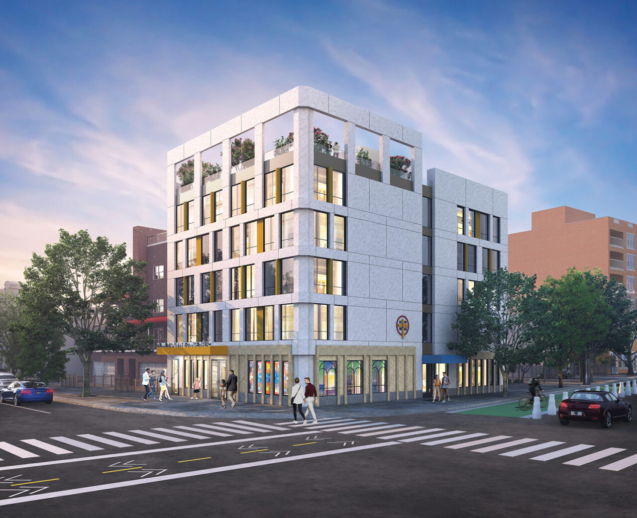 A rendering of a white building with stained glass windows on the ground level.