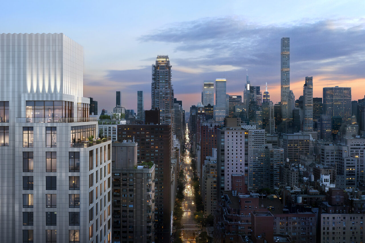 City skyline at dusk.