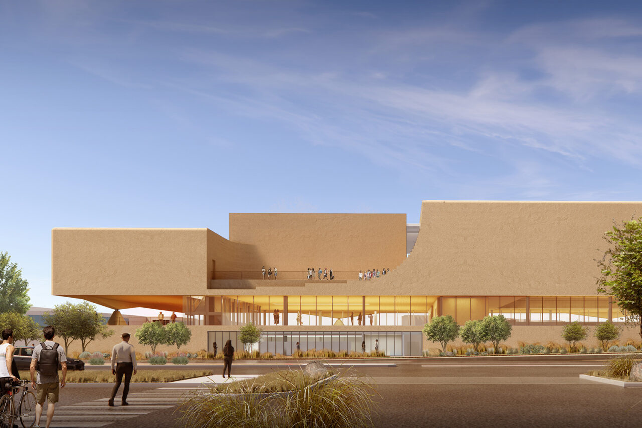 Exterior rendering of the CCAT view from the south. Lobby is viewable. People approach the large structure.