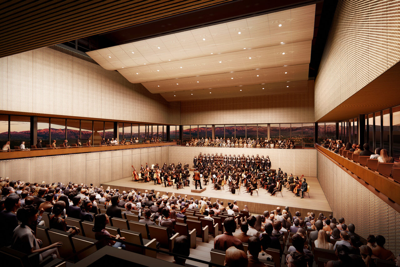 A rendering of a concert hall filled with people.