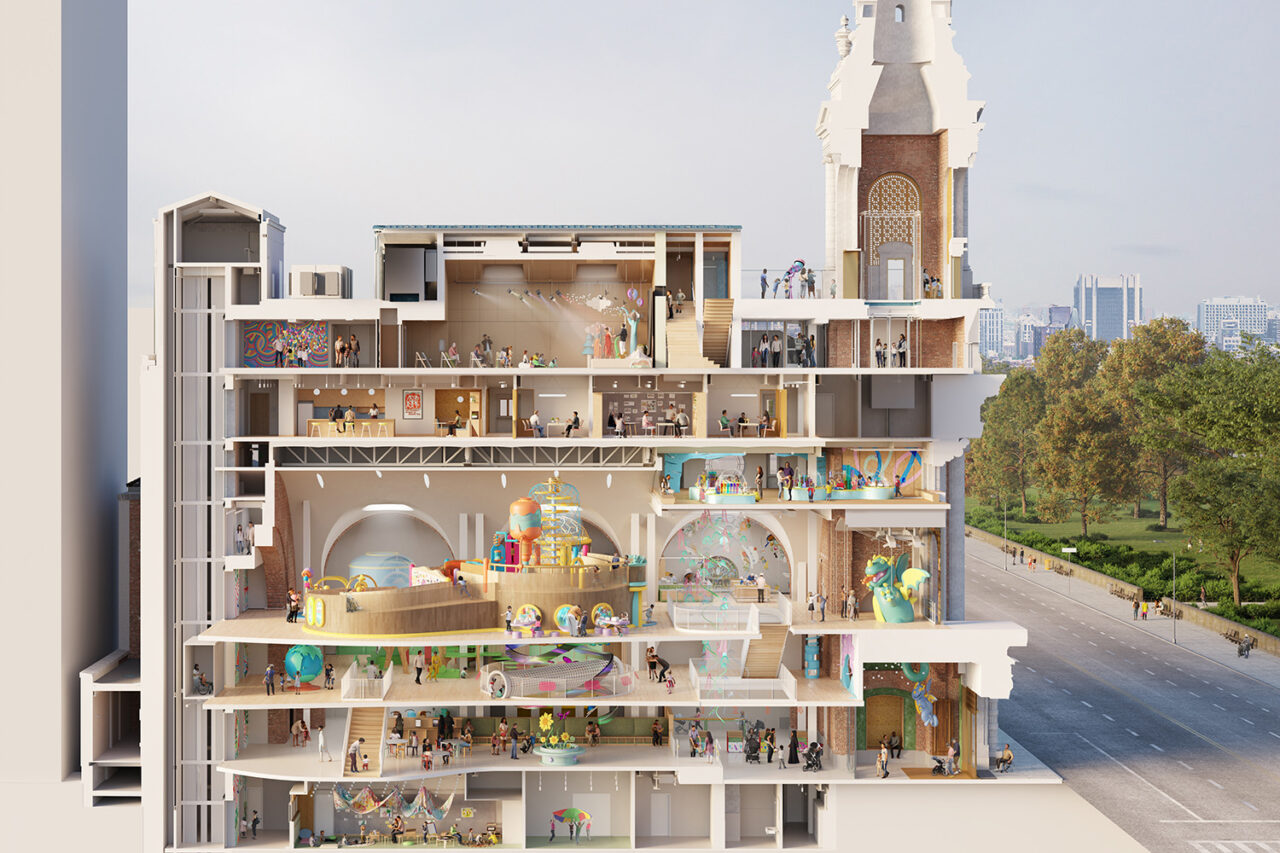 A rendering of the inside of the castle holding colorful rooms and exhibits.