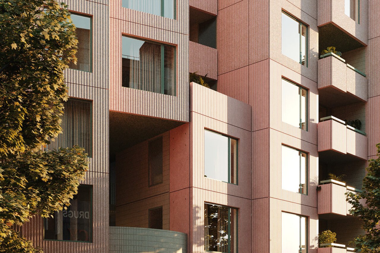 Shelled pink concrete paneling and windows on a condominium