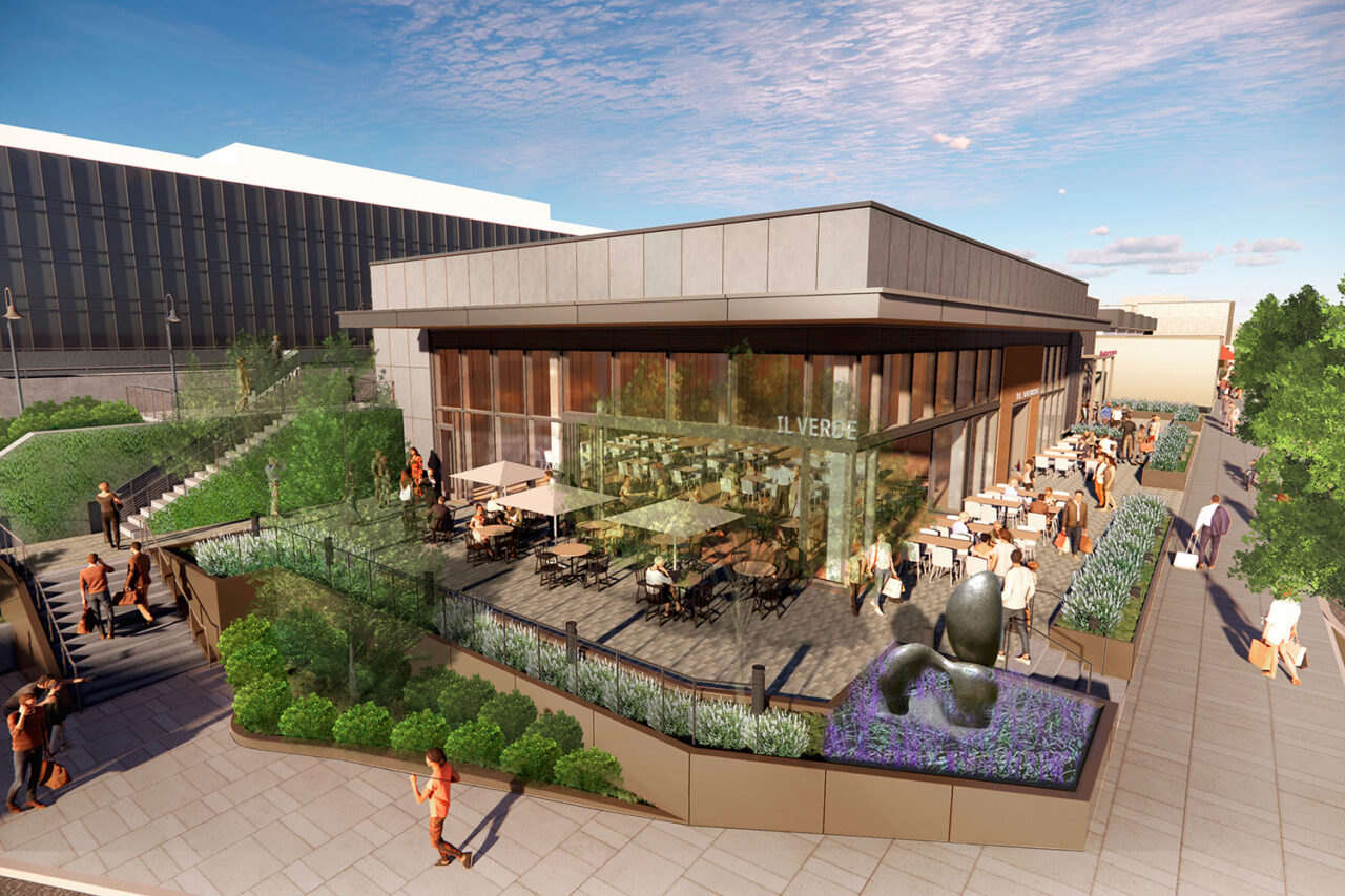 Rendering of a restaurant with outdoor seating.