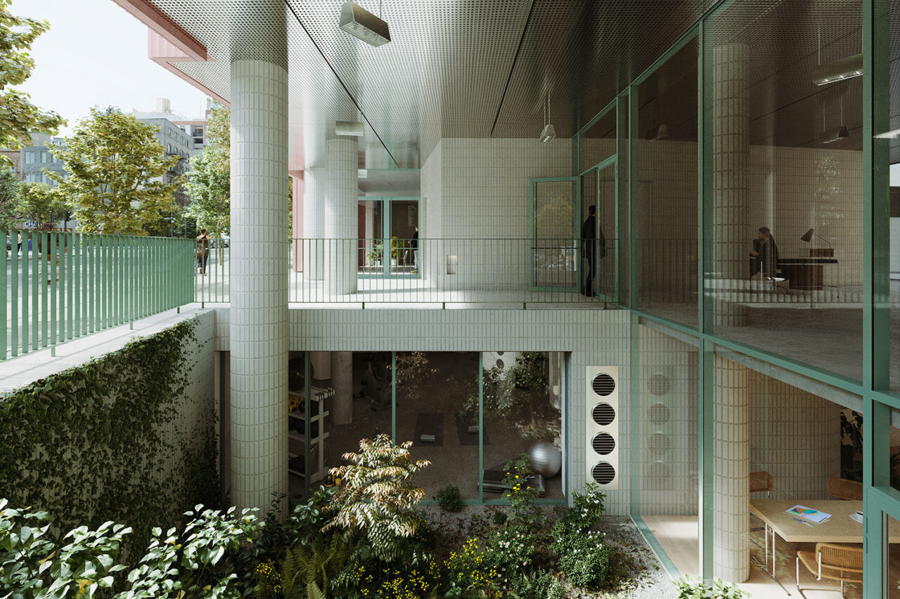 Sunken garden and entrance to condominium