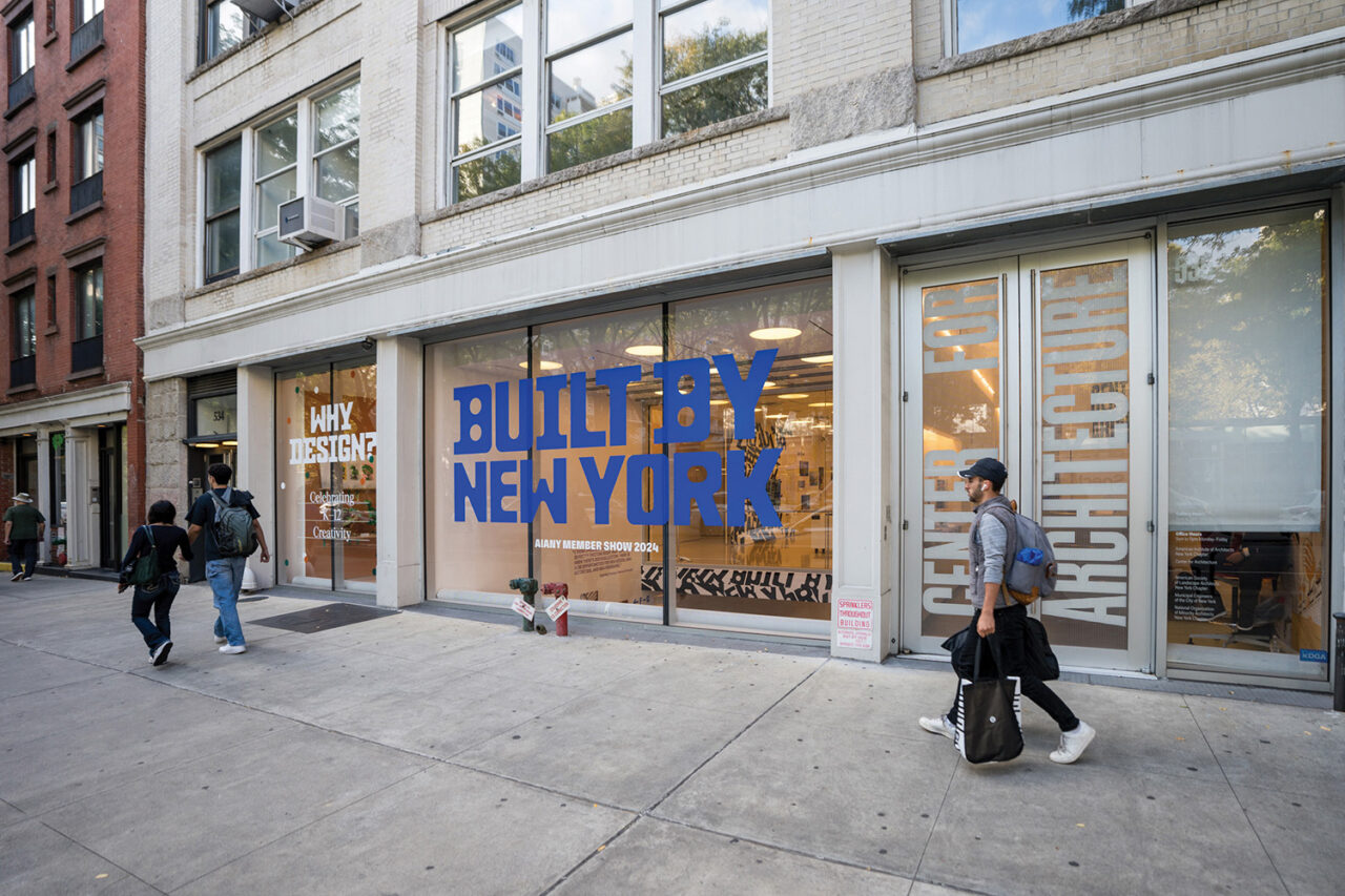 Storefront of Center for Architecture. Big blue text reads "Built by New York."