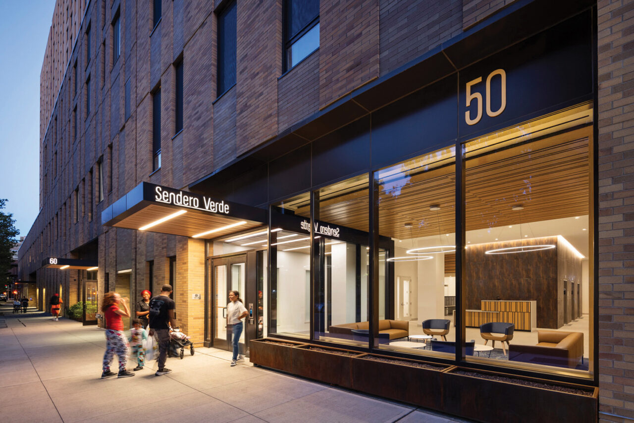 A view of the storefront of Sendero Verde in Harlem.