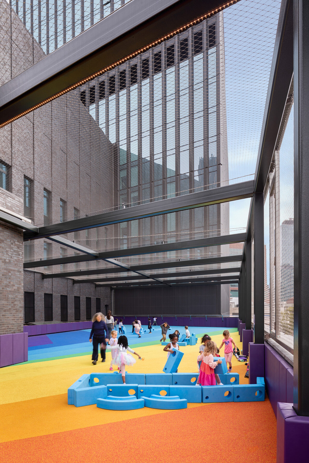 Rainbow terrace with children playing.