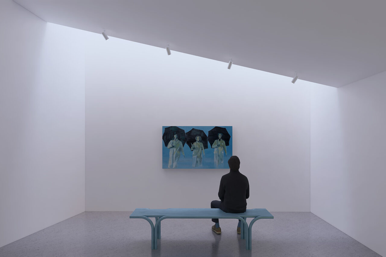 Person sits on bench facing a painting in a white room.