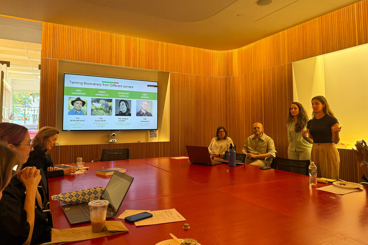 A conference room with a dark red table. Two young women are standing, presenting, while the rest of the group sits around the table.