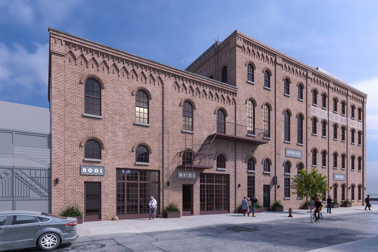 Main entrance/street rendering of exterior of historic brewery building in Brooklyn.