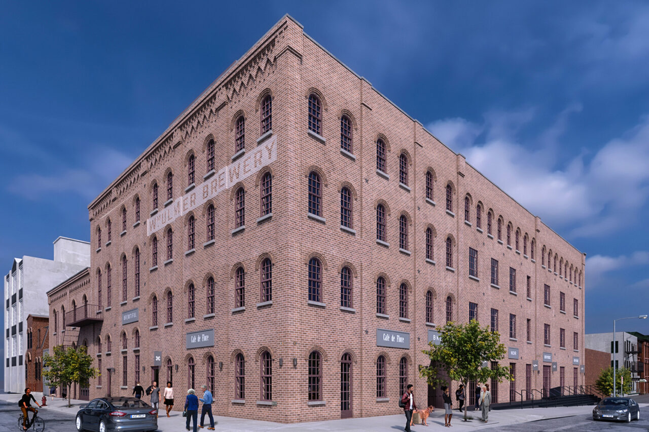 Rendering of exterior of historic brewery building in Brooklyn.