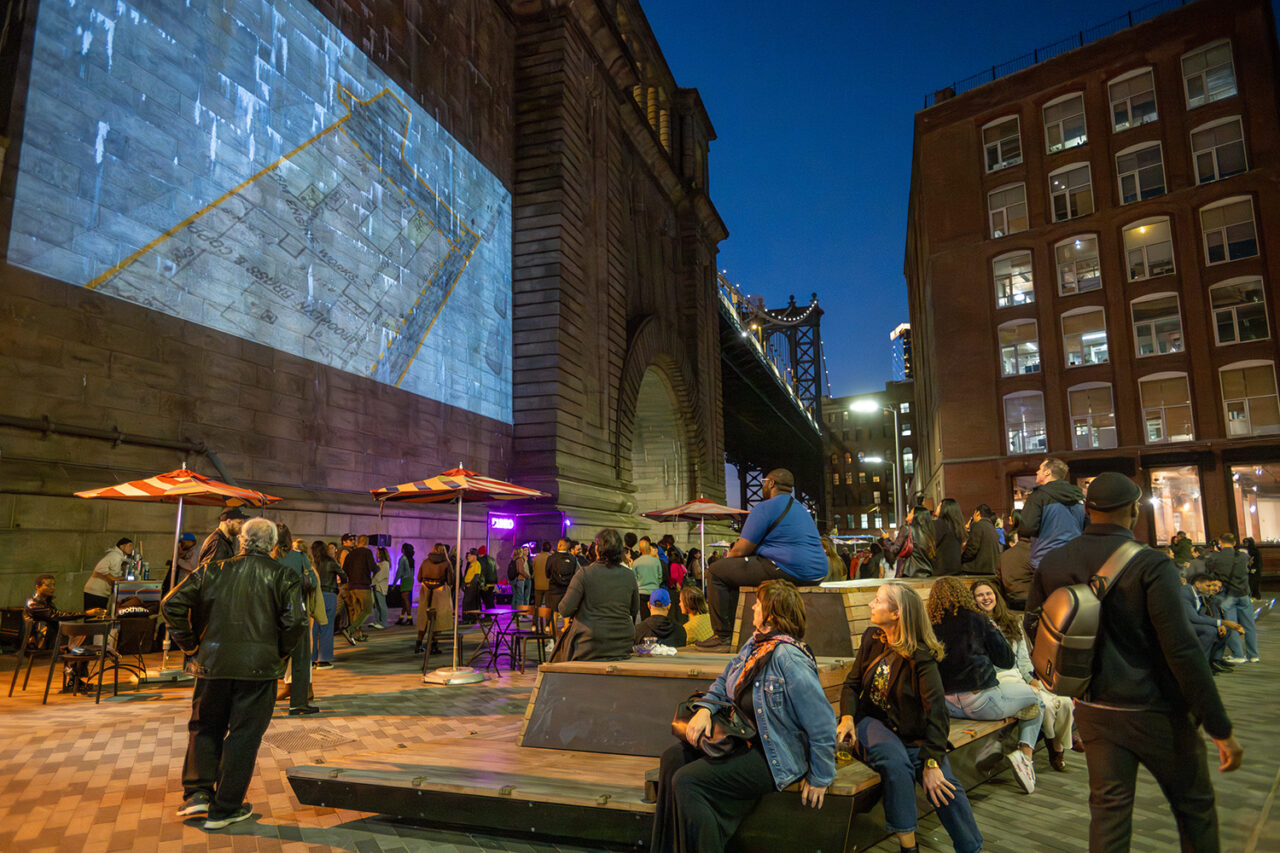 Evening shot of the Dumbo Archway Plaza.