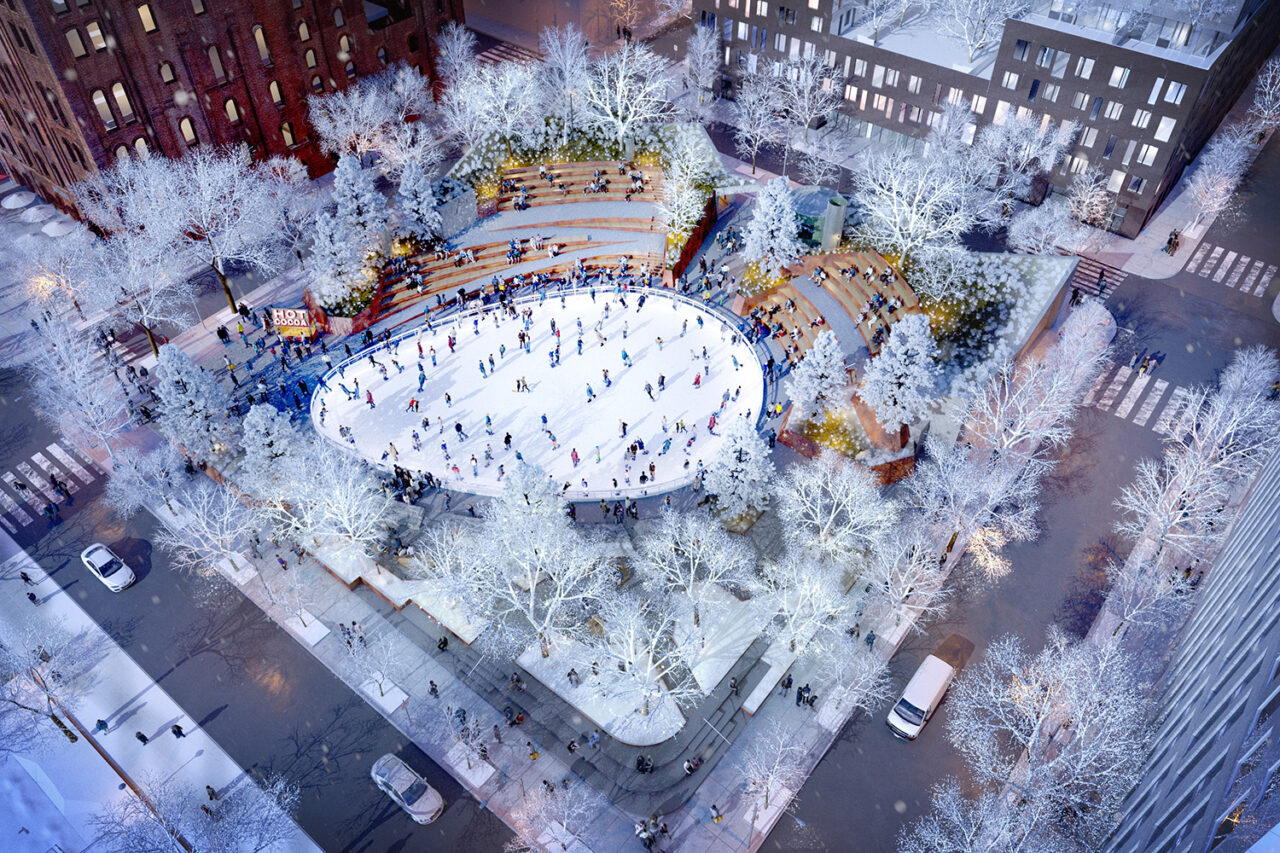 Winter plaza aerial view rendering.