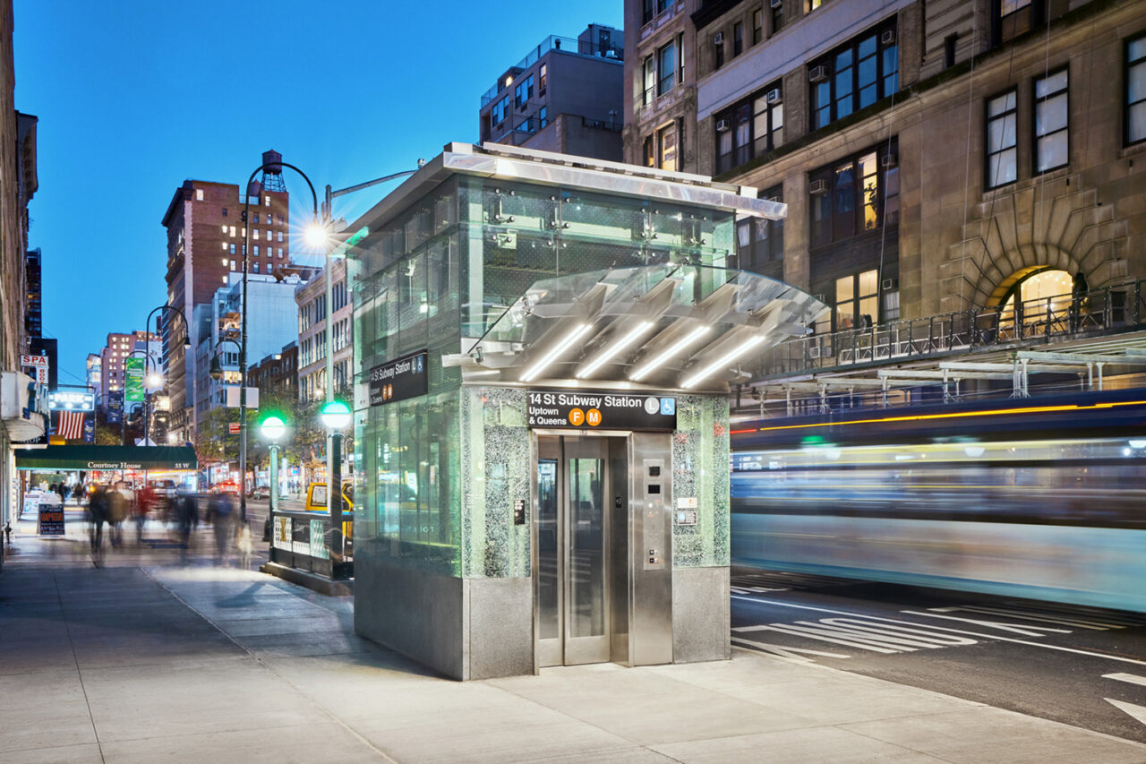 An above-ground elevator leading to the 14th street subway station.