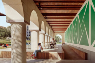 Covered walkway alongside Blanton Museum of Art grounds.