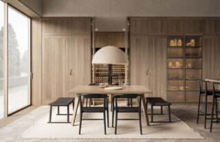 Principia kitchen with slatted doors in Fossil Oak and Bronze Frames Glass Display Cases lined in Fossil Oak