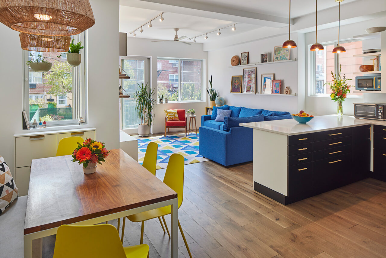 Interior of bright, colorful living area.