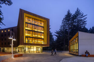 Exterior of Kresge College expansion in evening light.