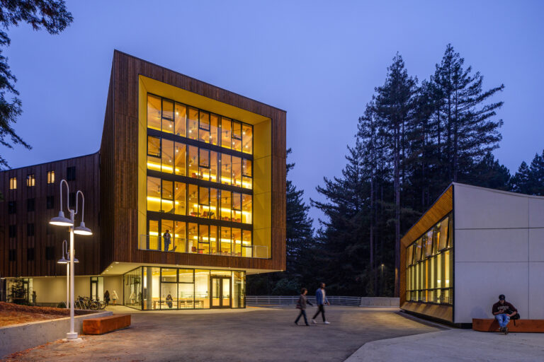 Exterior of Kresge College expansion in evening light.