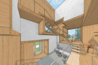 Illustration of two-story home interior with wood interior and large windows.