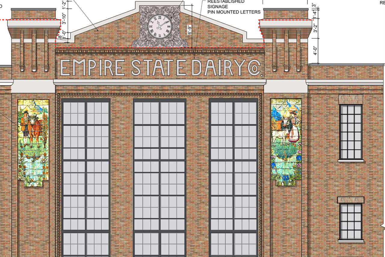 Exterior rendering of a historic building facade with "Empire State Dairy" text.