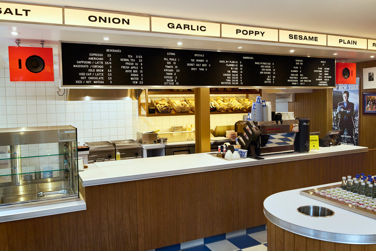 Interior of a bagel shop store counter.