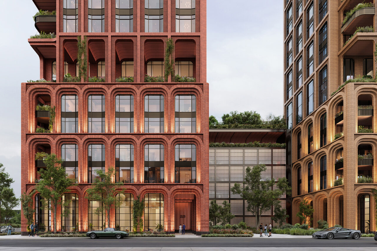 Rendering of red brick building exterior.