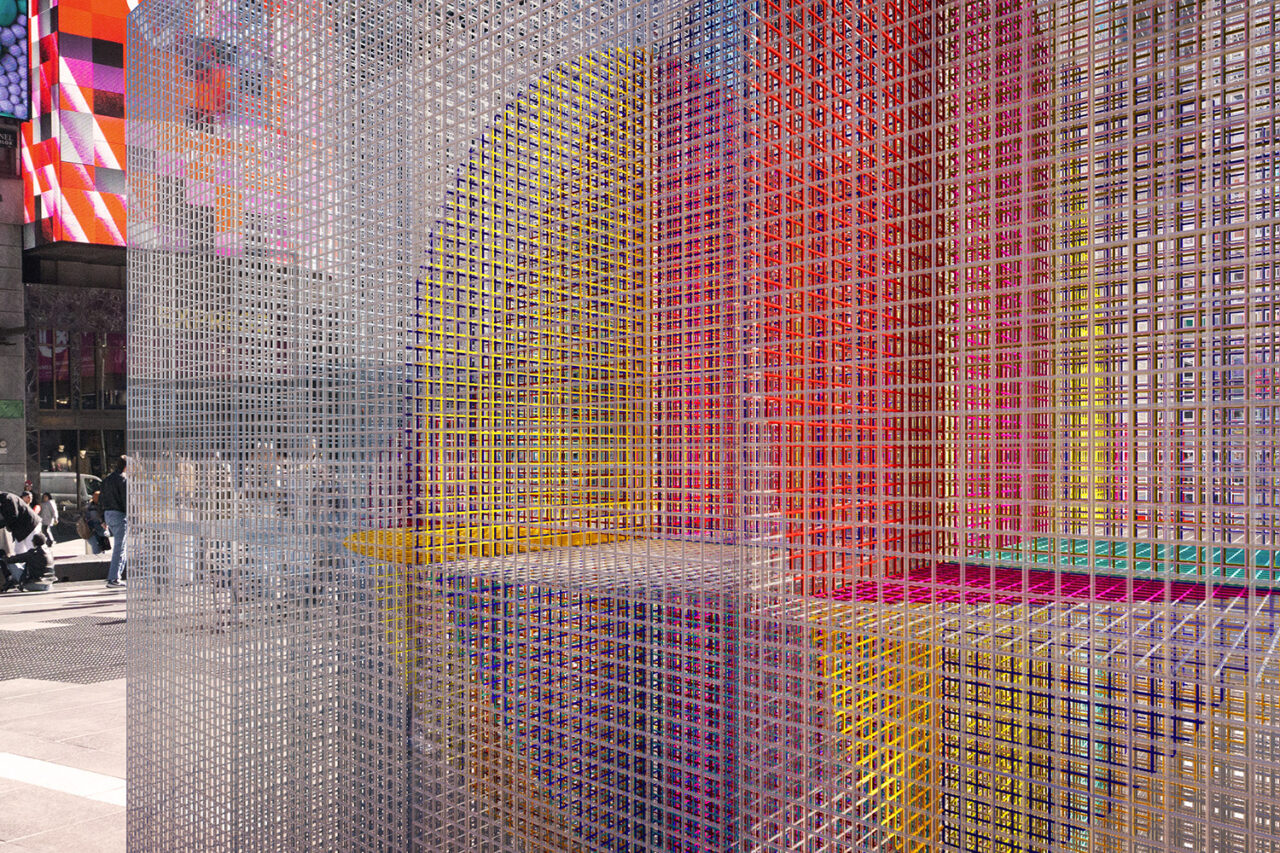 Close up of metal mesh structure with a heart design.