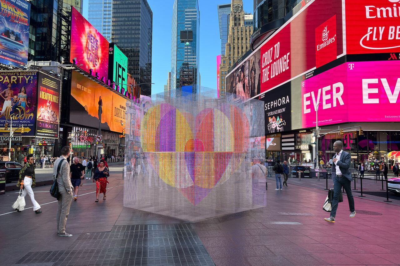 A metal mesh structure in the center of Times Square.