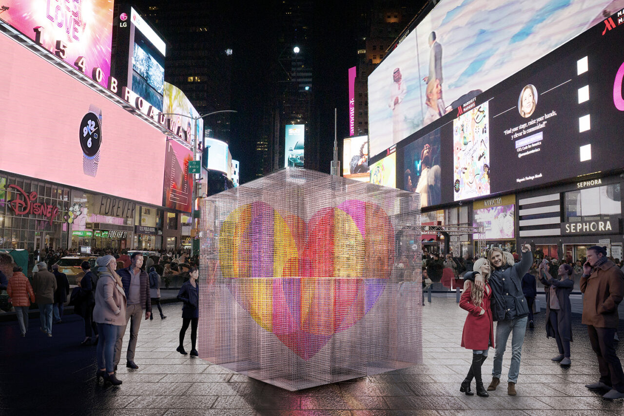 Night time rendering of a metal mesh structure in the center of Times Square.