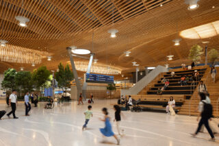 Interior space of the Portland International Airport, with wood roof detailing.