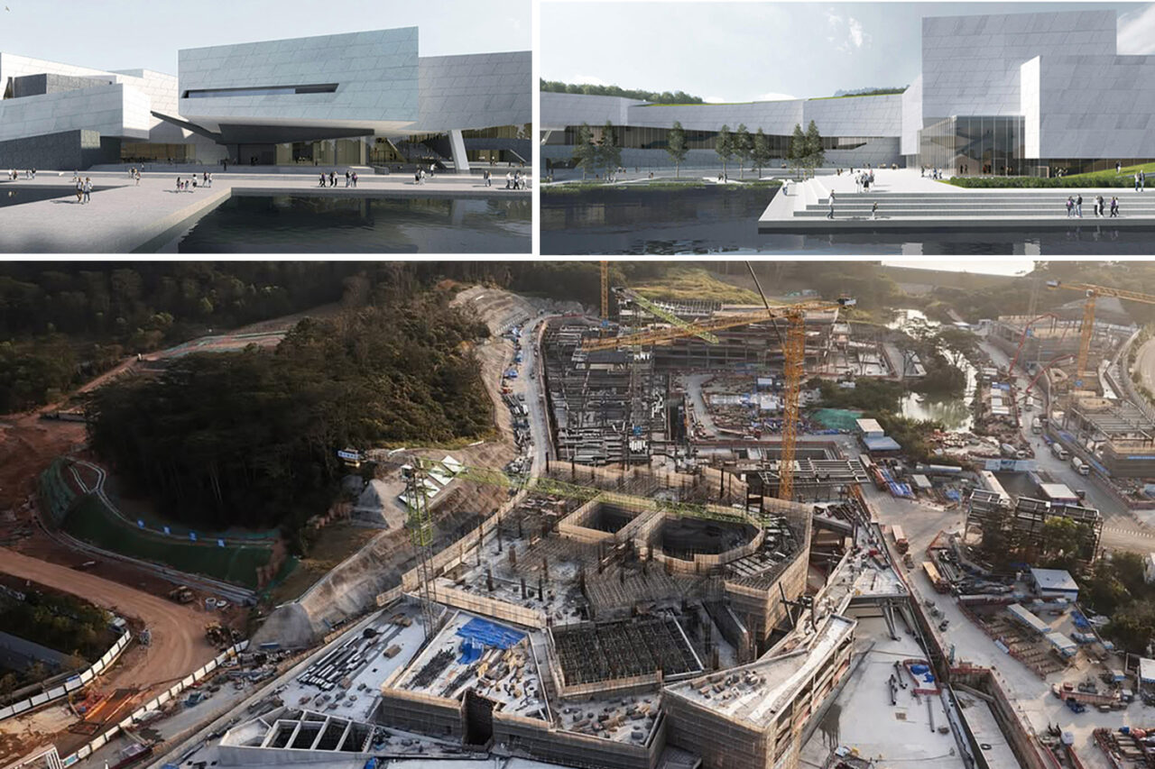 Two photos at the top show a large white building at different angles, while the main image below shows a birds-eye construction view.