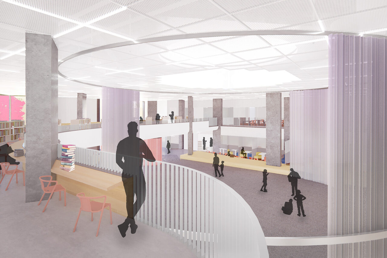 Interior rendering of library from second floor.