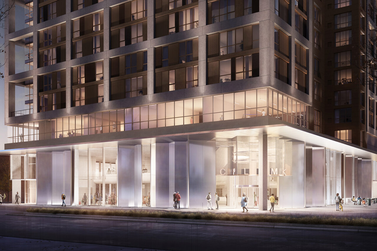 Exterior rendering of MLK Library entrance in the evening.