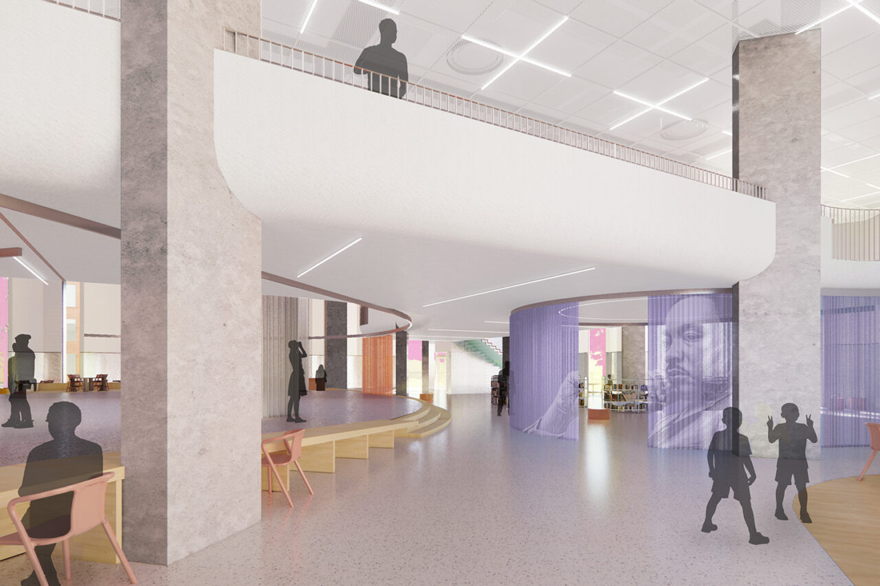 Interior of library ground floor rendering