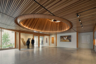 Interior of museum exhibition with wood ceiling